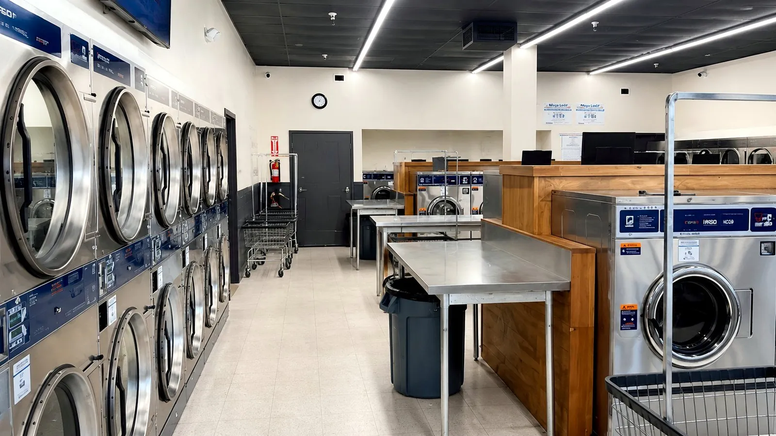 Dryers, folding tables, and carts inside Bennett Valley Laundromat